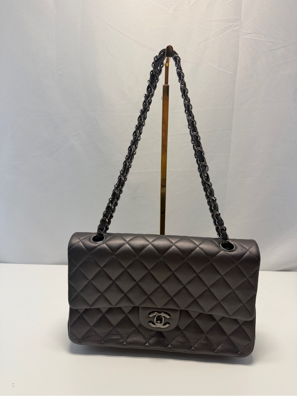CHANEL Quilted Double Flap Shoulder Bag in Gray